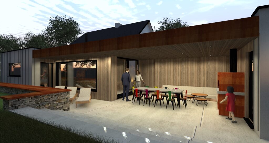 Agrandissement en bois du gîte Maison Adèle avec terrasse extérieure