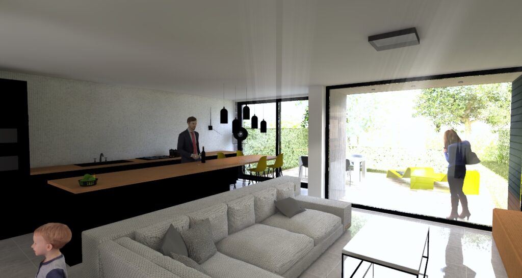 Espace de vie lumineux avec grandes baies vitrées dans une maison agrandie